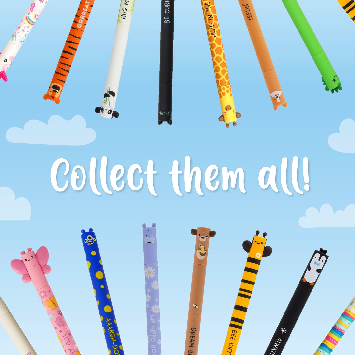 Collection of colorful animal-themed pencils against a blue sky background with clouds.