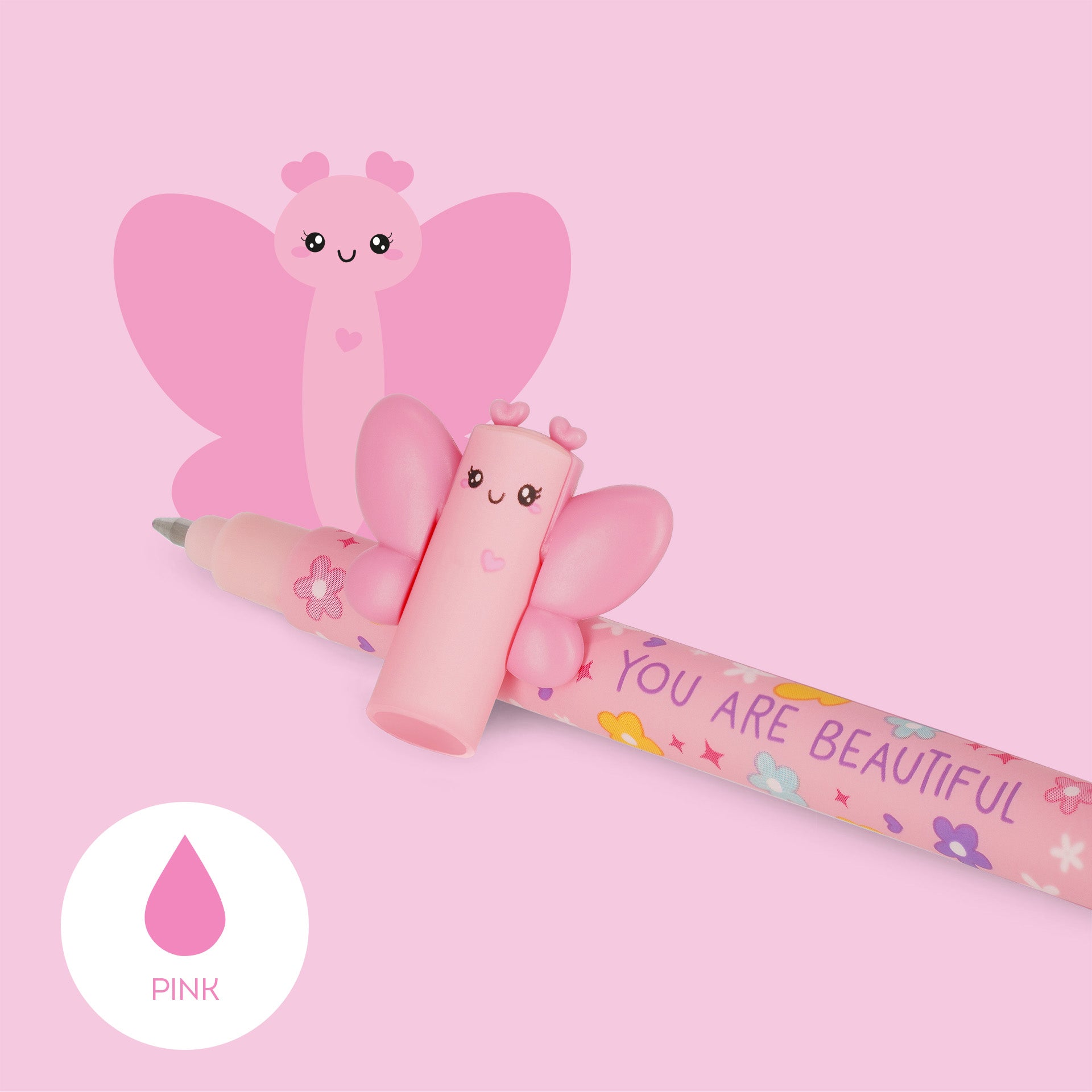 Pink lip balm with butterfly design and 'You are Beautiful' text on a pink background