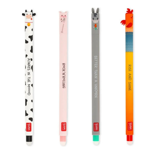 Four pencils with cartoon animal designs and text on a white background