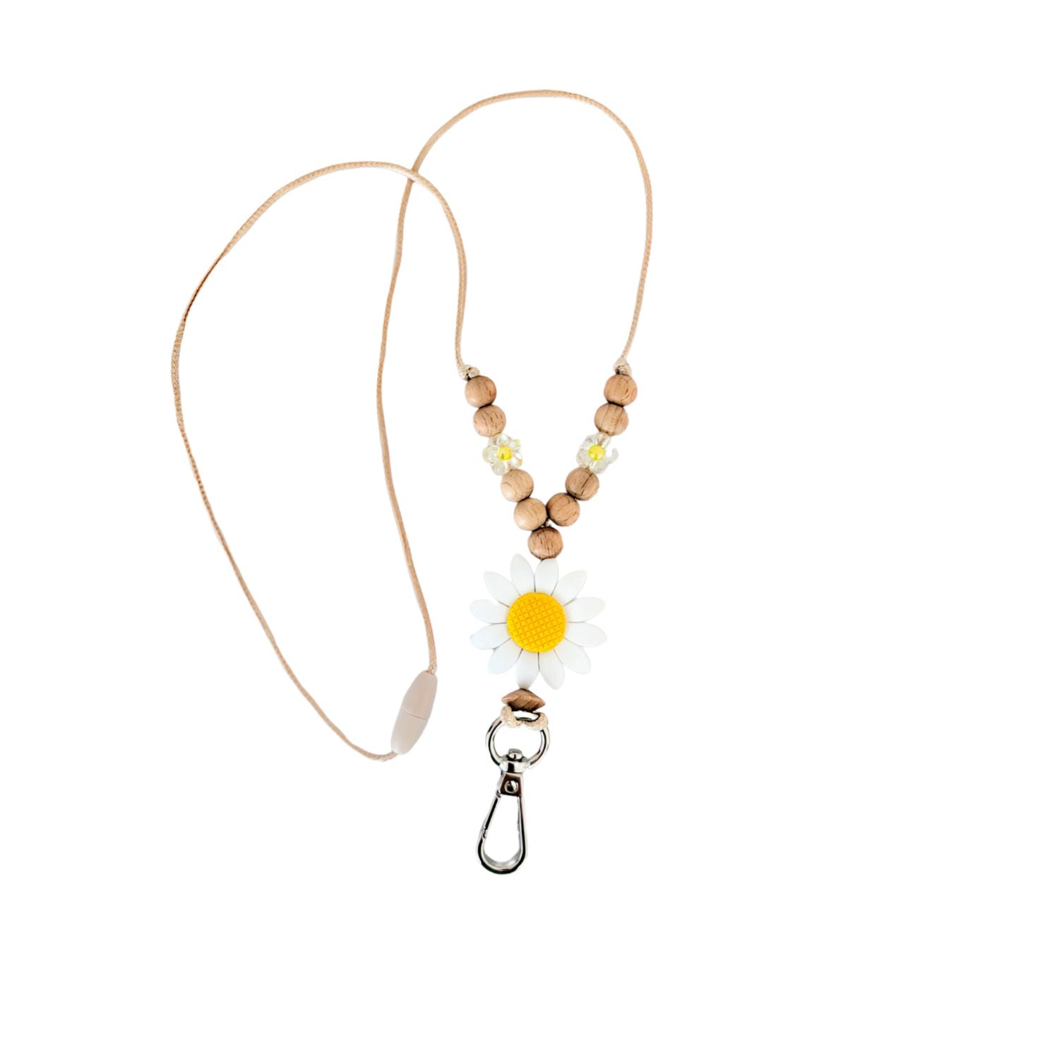 White Flower Beaded Lanyard. Large White Flower silicone bead with yellow centre. Wooden beads and acrylic flower bead. with a silver clip