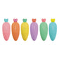 Set of six colorful carrot-shaped lip balms with visible brand name on a white background