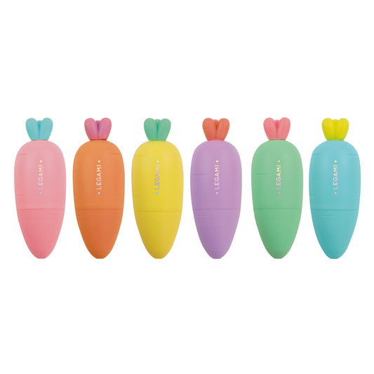 Set of six colorful carrot-shaped lip balms with visible brand name on a white background