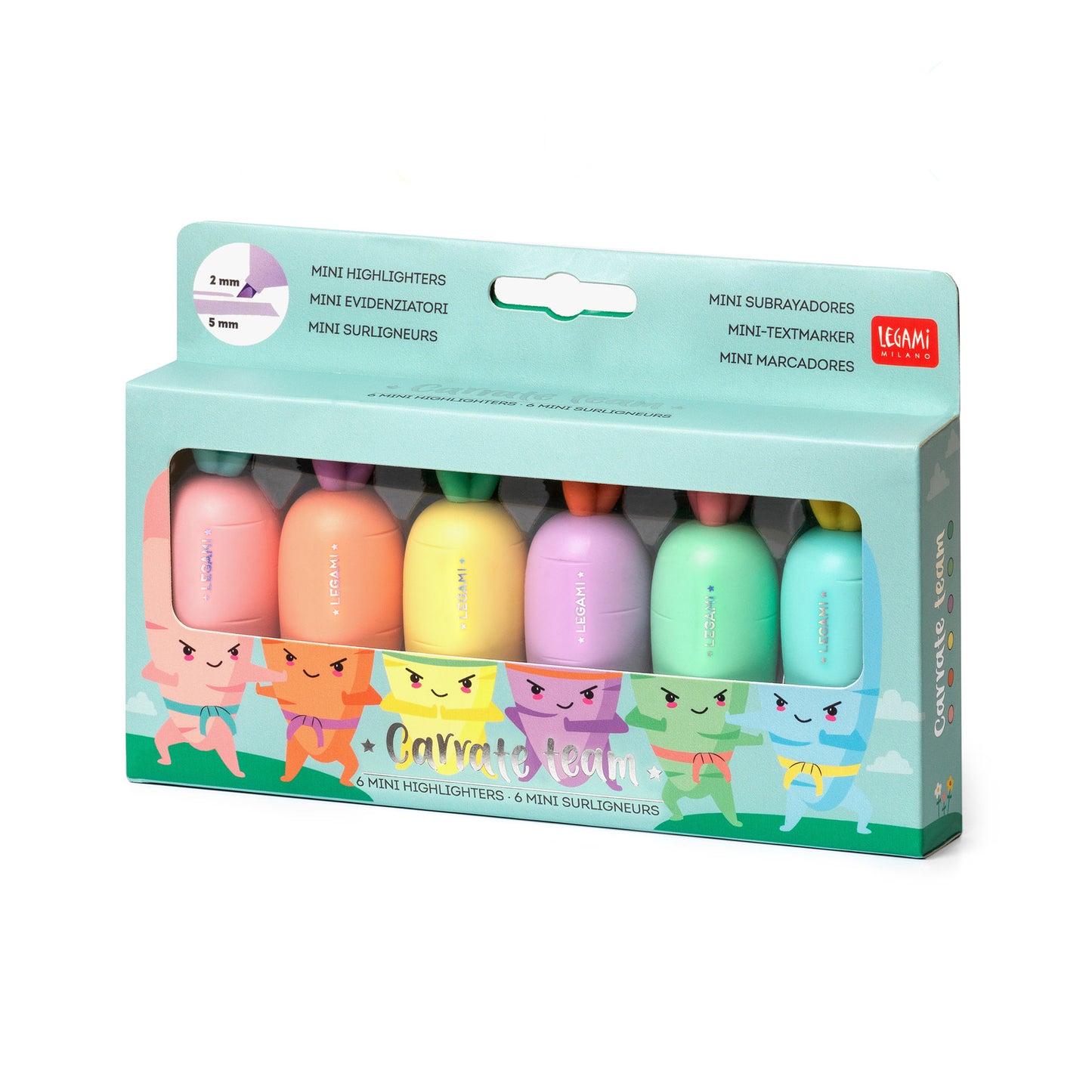 Set of colorful highlighters in a Loomi branded packaging on a white background