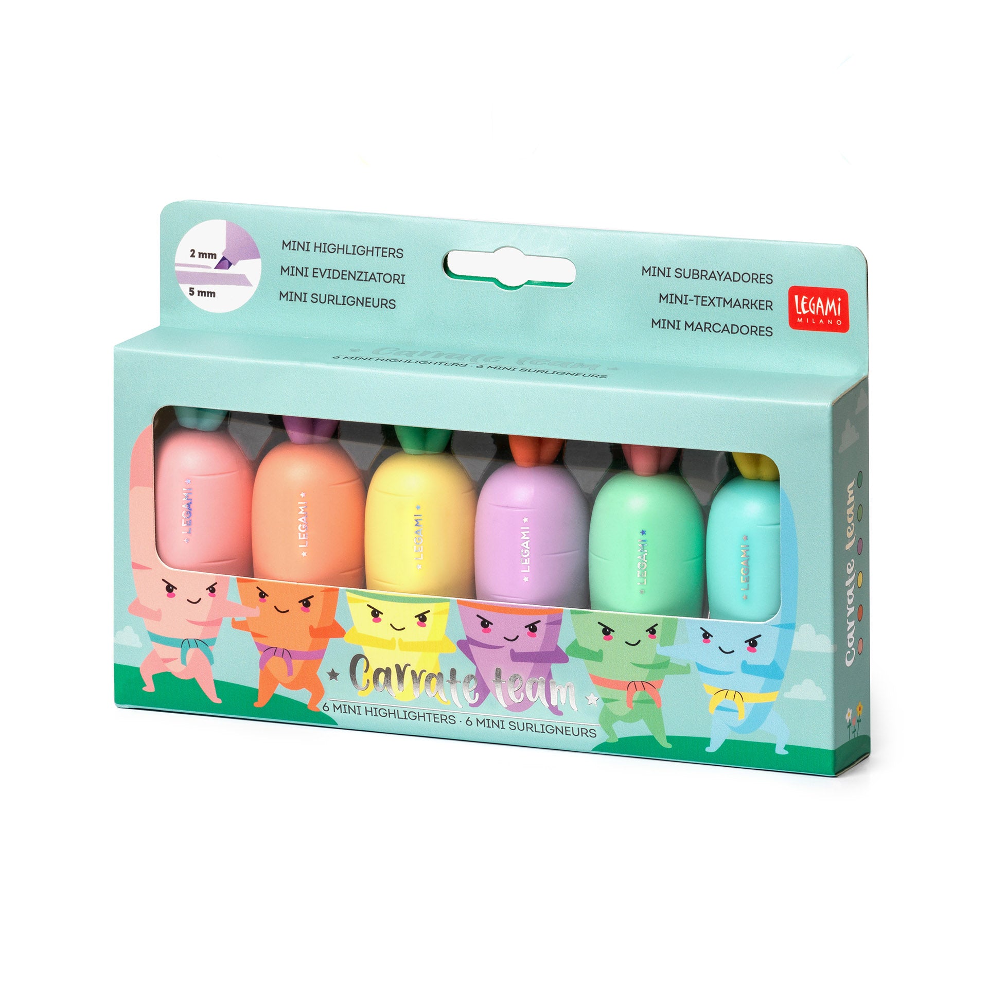 Set of colorful highlighters in a Loomi branded packaging on a white background
