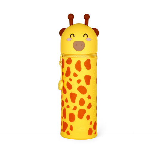 Yellow pencil case with giraffe design on a white background