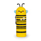Yellow bee-shaped water bottle with black stripes on a white background