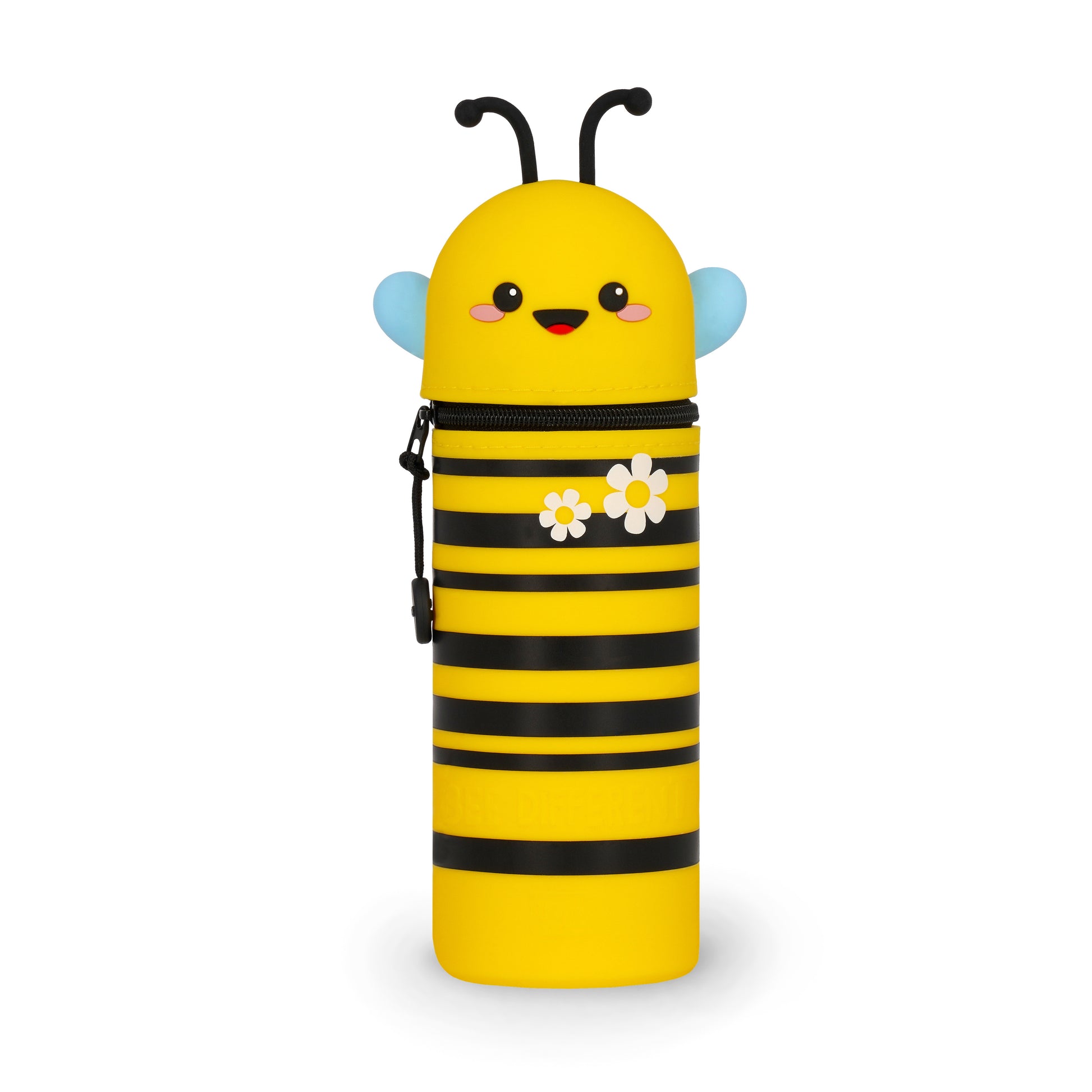 Yellow bee-shaped water bottle with black stripes on a white background