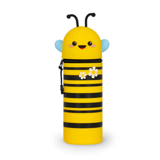 Yellow bee-shaped water bottle with black stripes on a white background