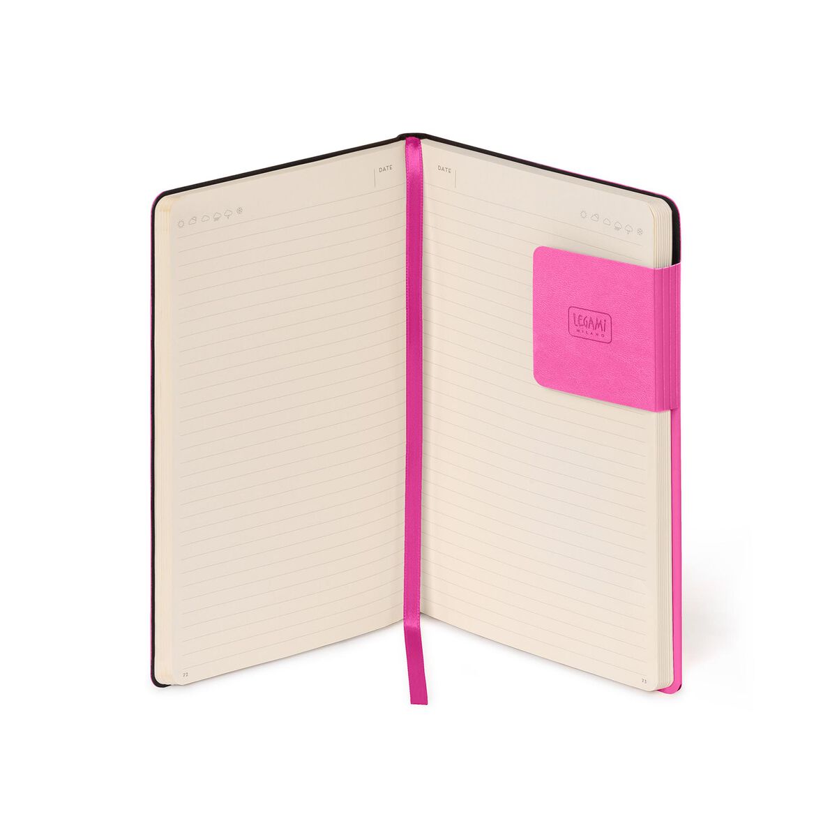 Open notebook with pink interior and strap, on a white background