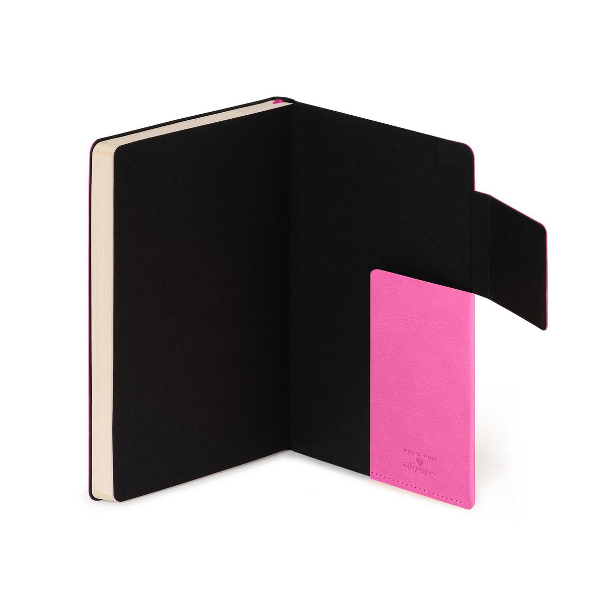 Black notebook with a pink interior on a white background
