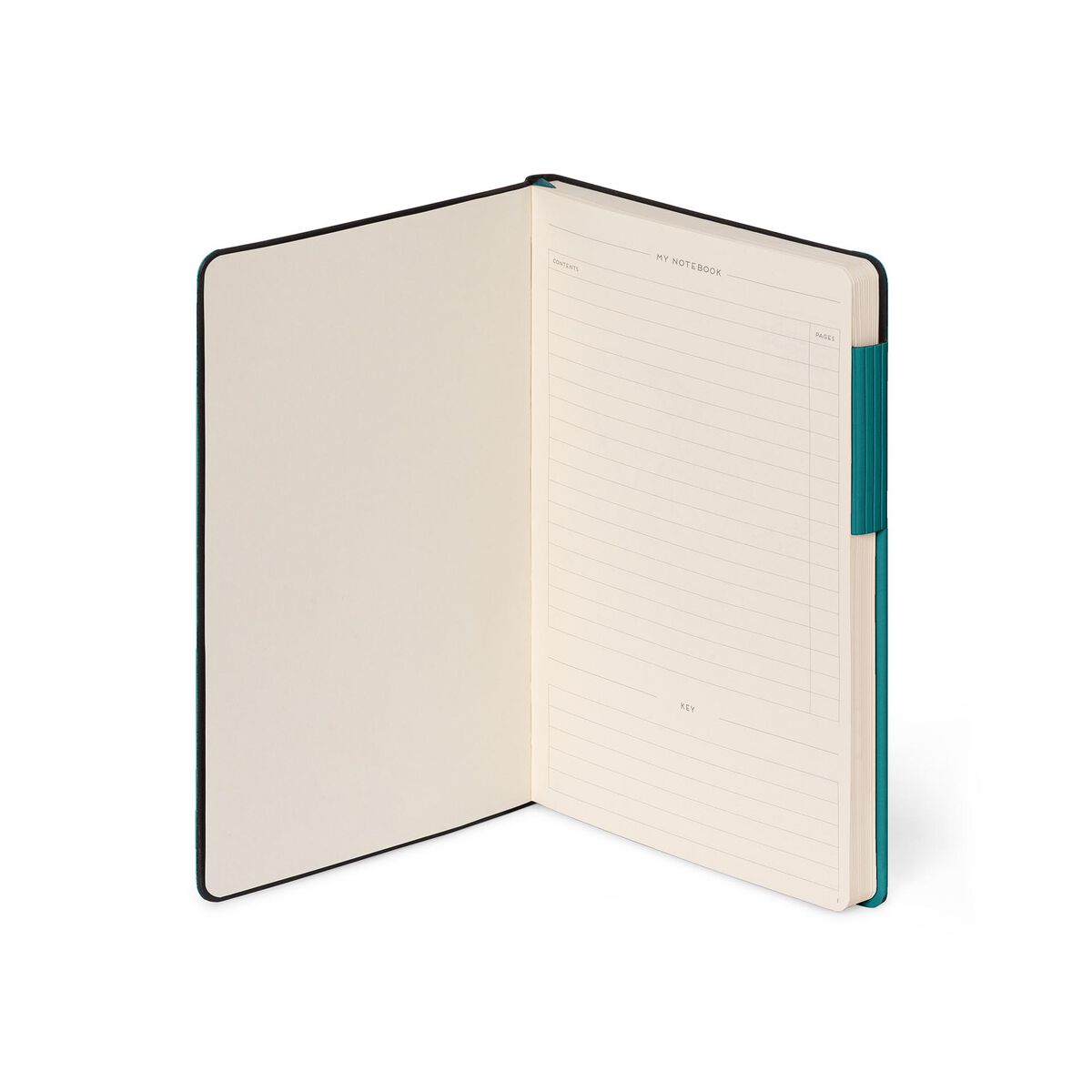 Open notebook with teal binding on a white background