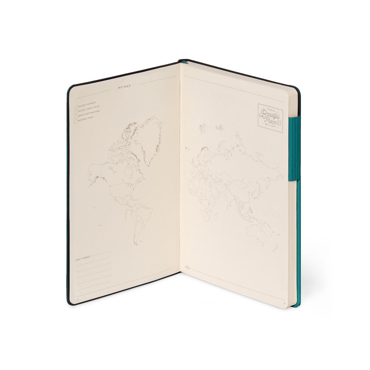 Open notebook with a teal binding on a white background