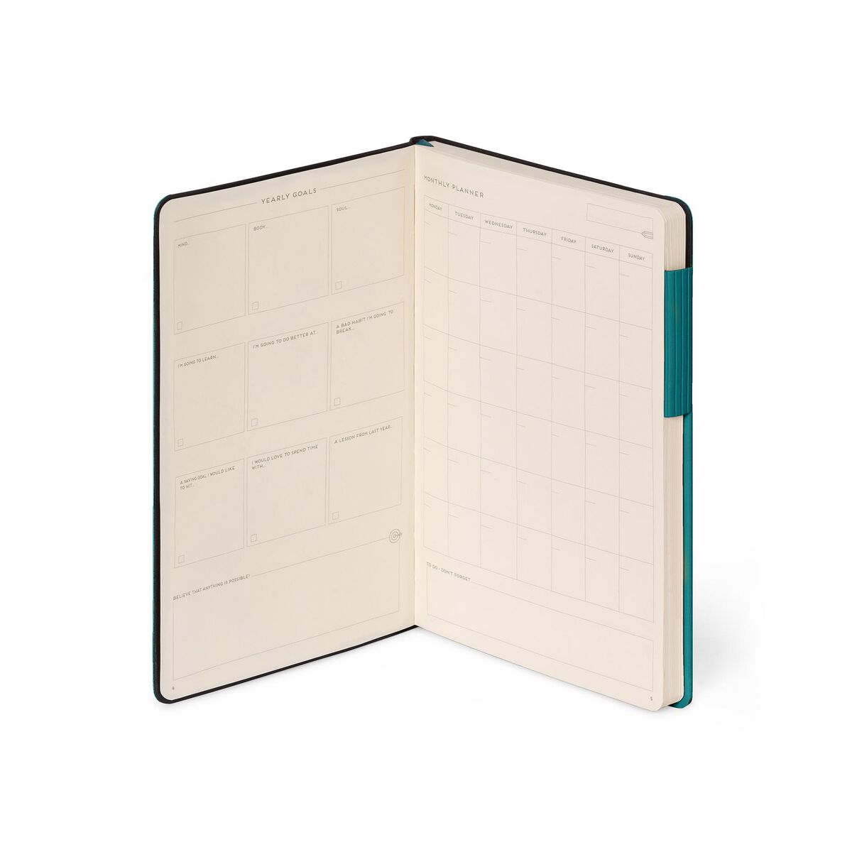 Open notebook with lined pages on a white background