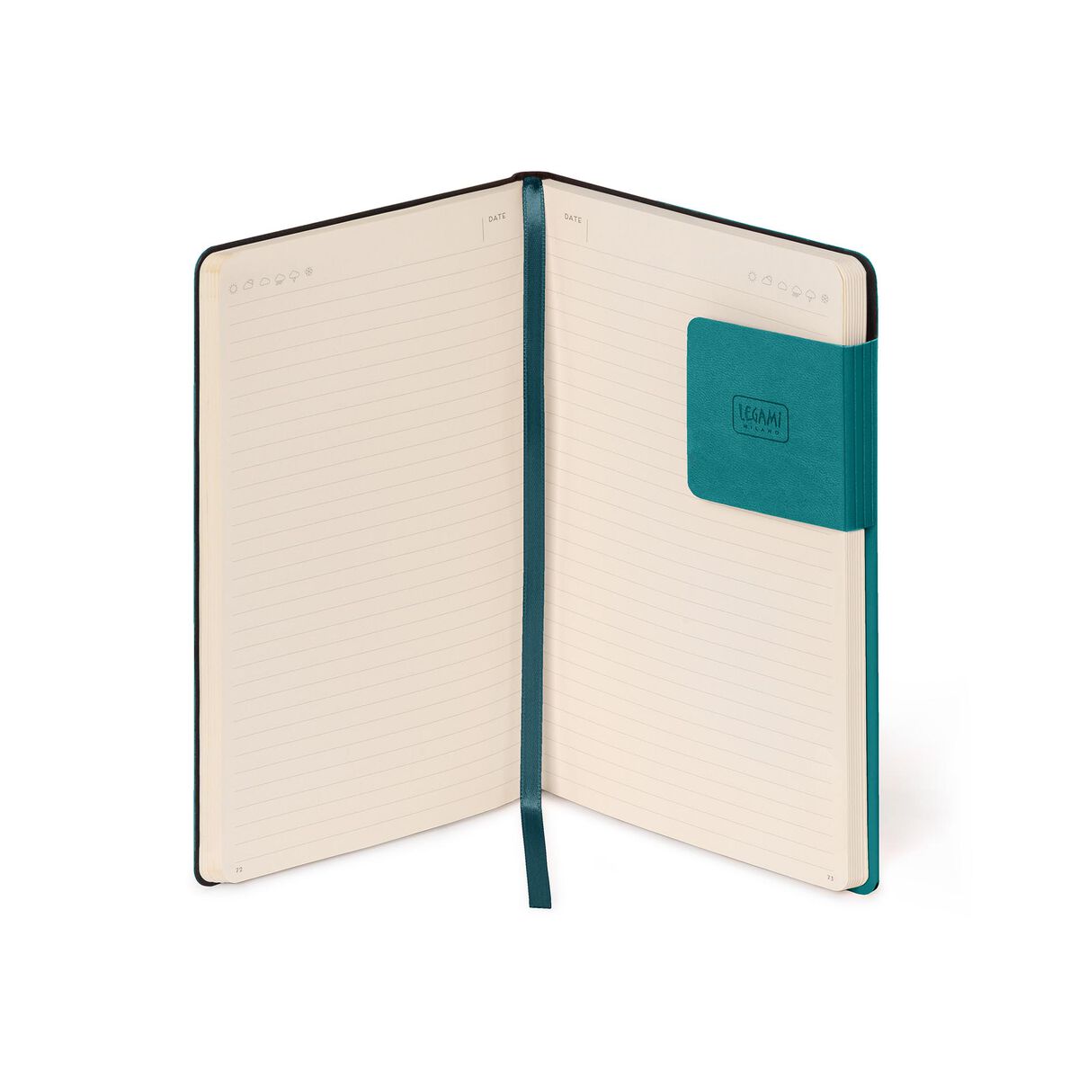 Open notebook with a teal strap and pocket on a white background