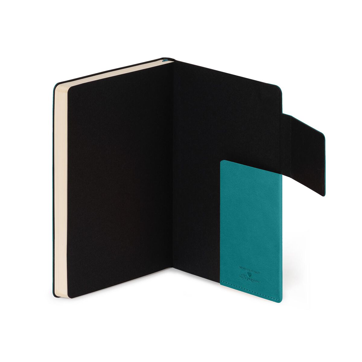 Black notebook with a teal accent on a white background