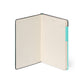 Open notebook with a turquoise accent on a white background