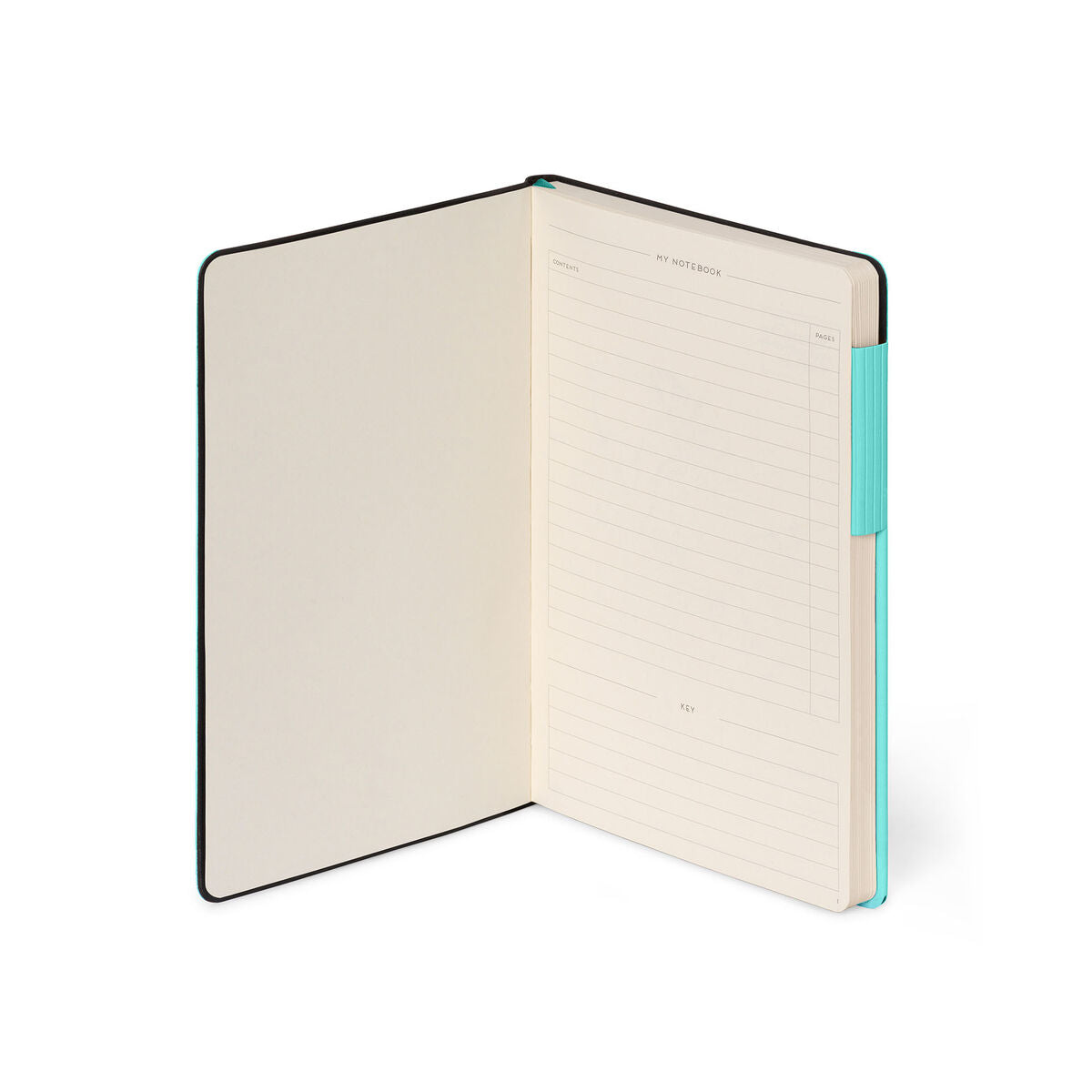 Open notebook with a turquoise accent on a white background