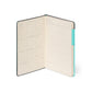 Open notebook with a turquoise accent on a white background