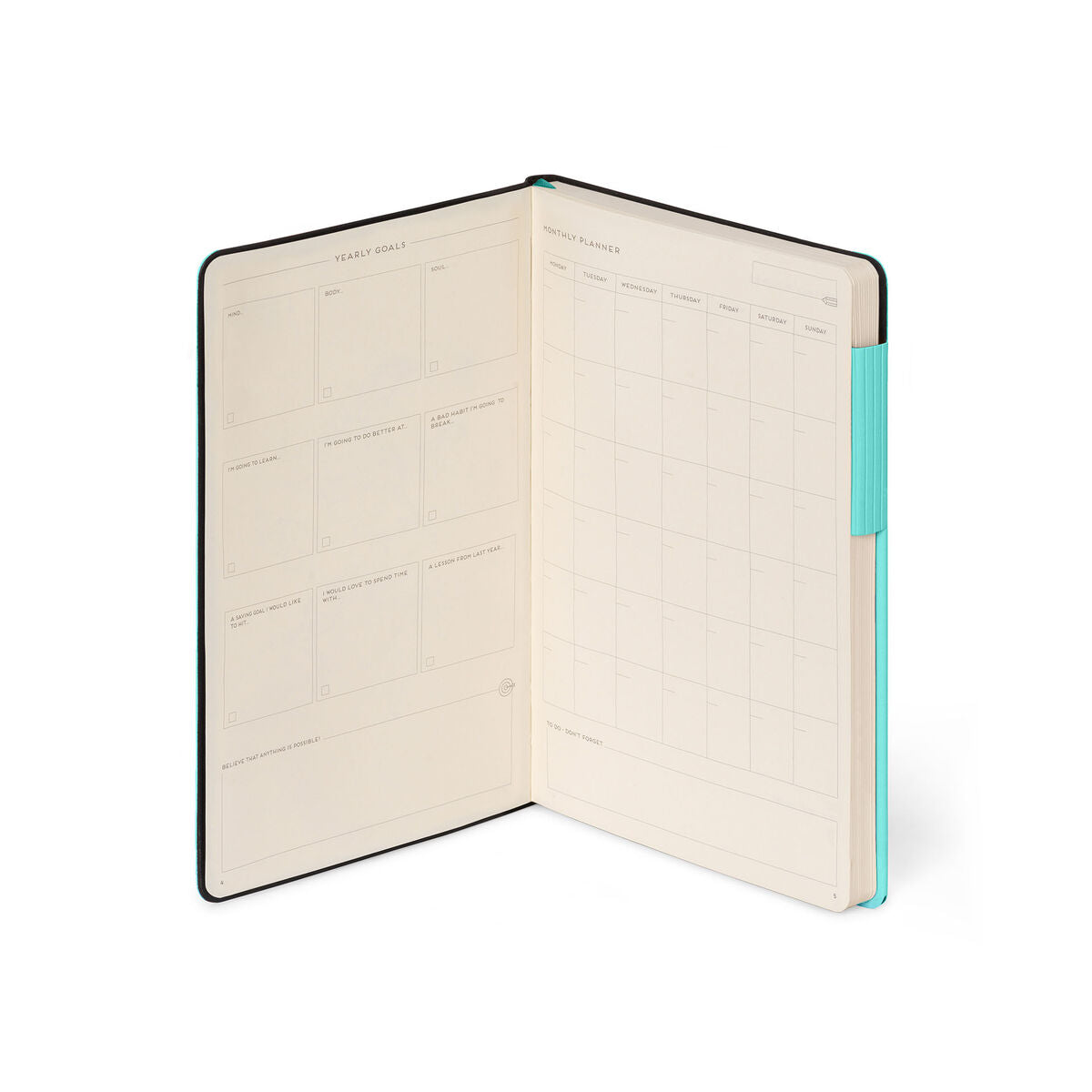 Open notebook with a turquoise accent on a white background