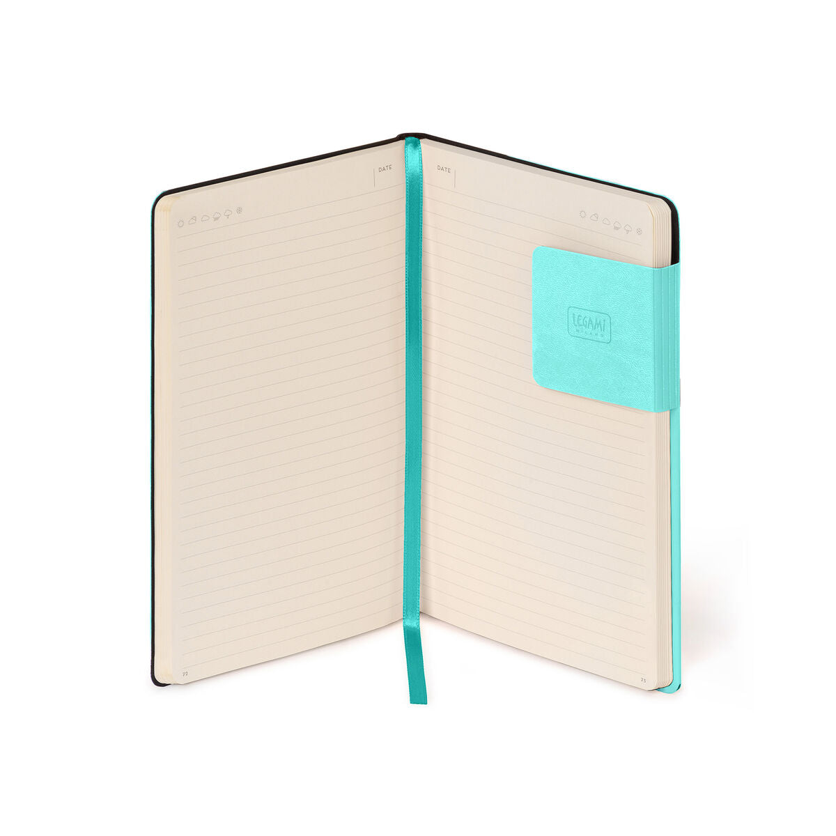 Open notebook with a turquoise strap and corner label on a white background