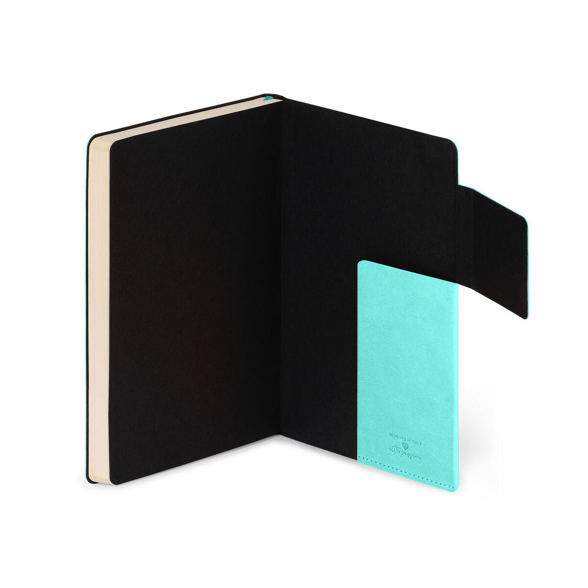 Black notebook with a turquoise page on a white background