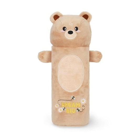 Plush bear-shaped bag with 'Dream Big' text on a white background