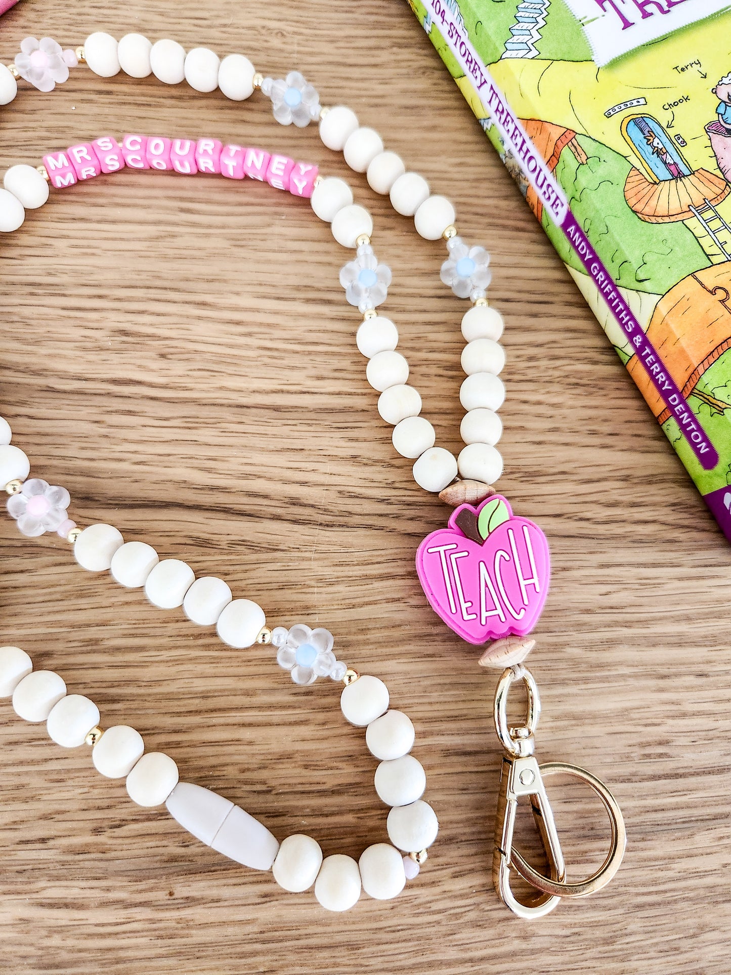 Wooden Bead Personalised Lanyard - Pink Apple Teach