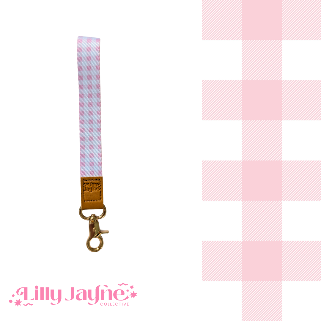 Pink Gingham Wristlet with tan branded accent and gold clasp