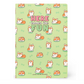 Notebook with corgi pattern and 'Here comes the fun' text on a light green background