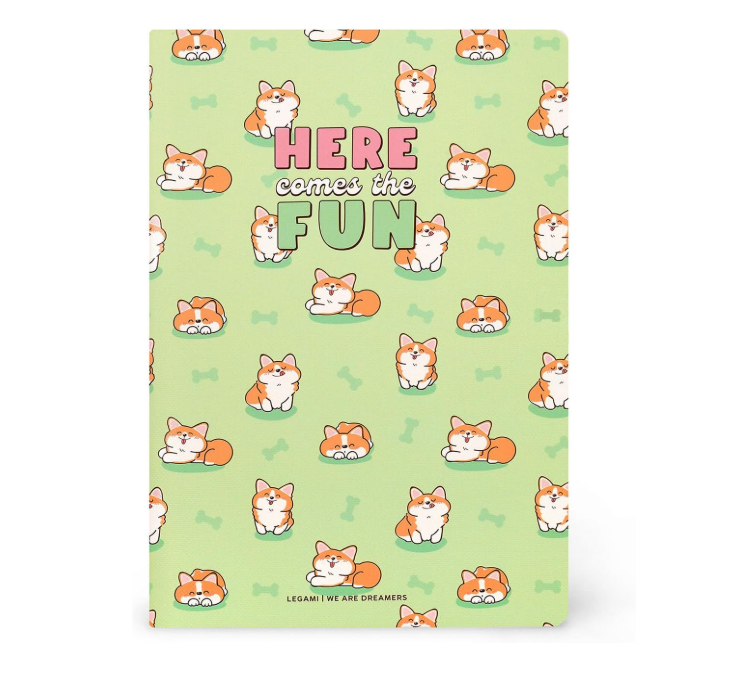 Notebook with corgi pattern and 'Here comes the fun' text on a light green background