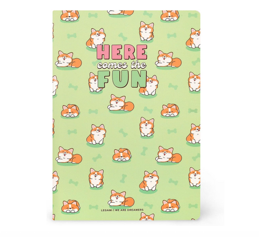 Notebook with corgi pattern and 'Here comes the fun' text on a light green background