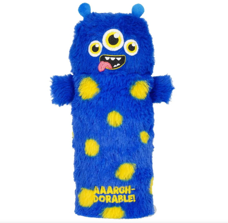 Blue plush toy with yellow polka dots and 'AAARGH-DOORABLE!' text on a white background