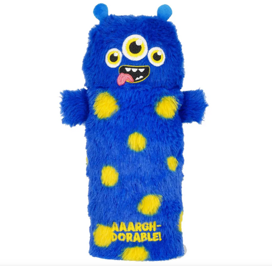 Blue plush toy with yellow polka dots and 'AAARGH-DOORABLE!' text on a white background