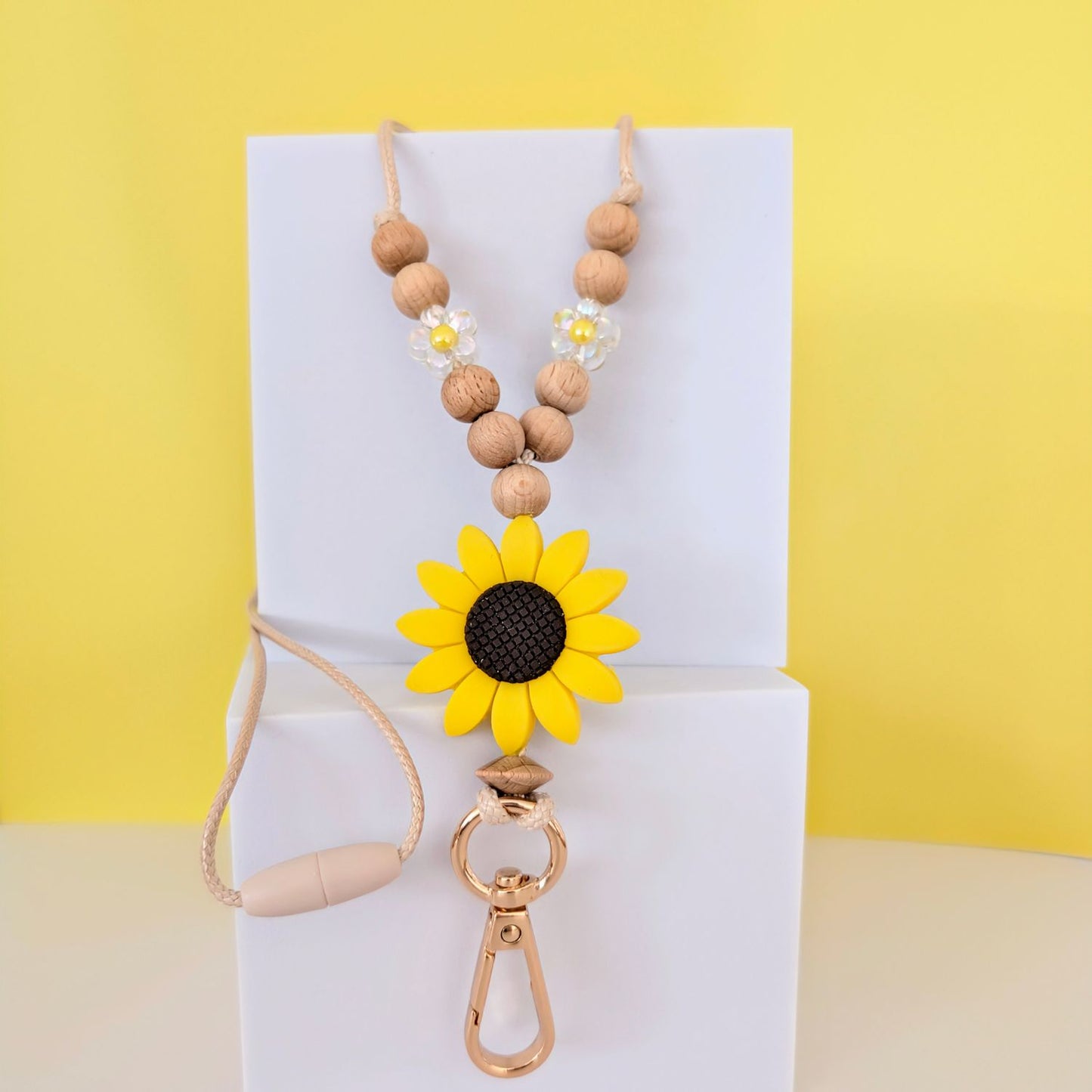 Sunflower Lanyard Wooden round beads with Silver Clip and Breakaway Clasp. 