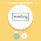 Round white sticker with 'meeting' text on a yellow background, featuring logos at the bottom.