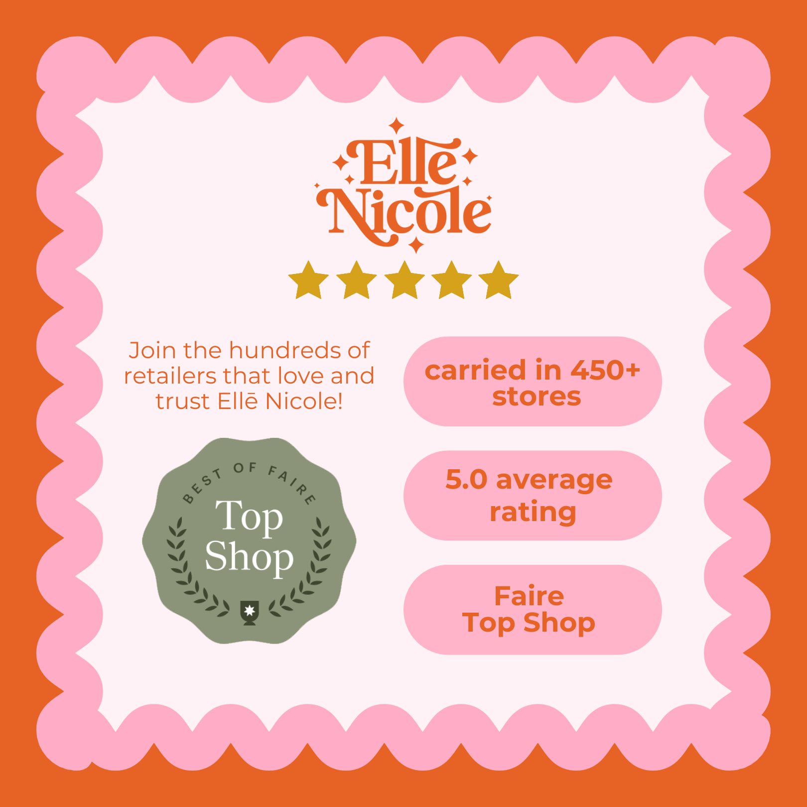 Elle Nicole branding with store information and rating on an orange background
