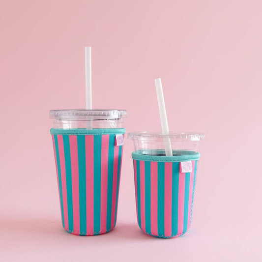 Ellē Nicole Coffee Cup Cover - Pink & Blue Stripes - Iced Drink Sleeve: Small / 16oz