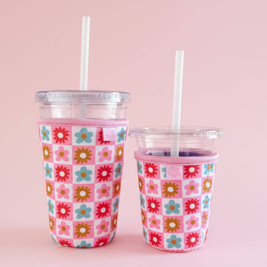 Ellē Nicole Coffee Cup Cover - Checkered Floral - Iced Drink Sleeve: Small / 16oz