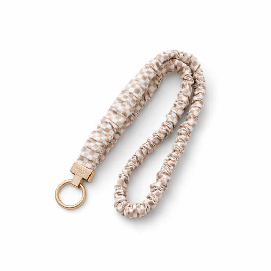 Beige & White Scrunchie Lanyard – Stretchy & Cute (49cm + Stretch)