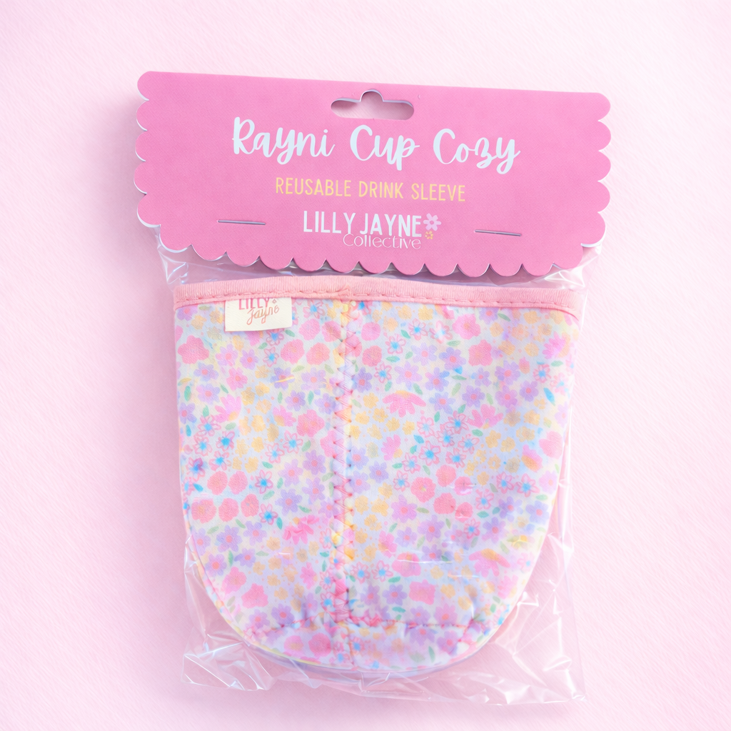 Pastel Garden - Rayni Cup Cozy – Pink & Floral Reusable Coffee Sleeve (16oz)
