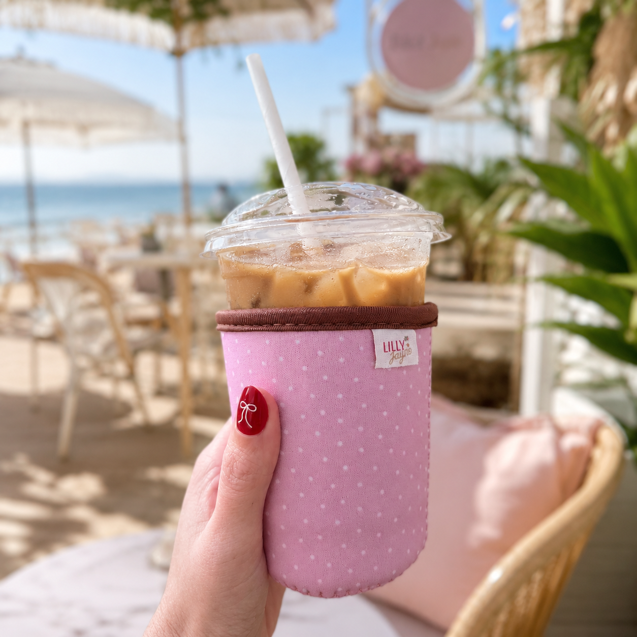 Pink Polka Dot - Rayni Cup Cozy - Reusable Coffee Sleeve (16oz)