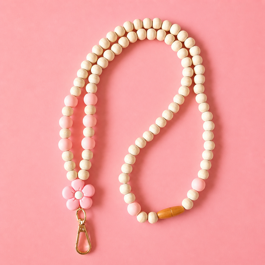 Wooden Bead Lanyard - Pink Flower