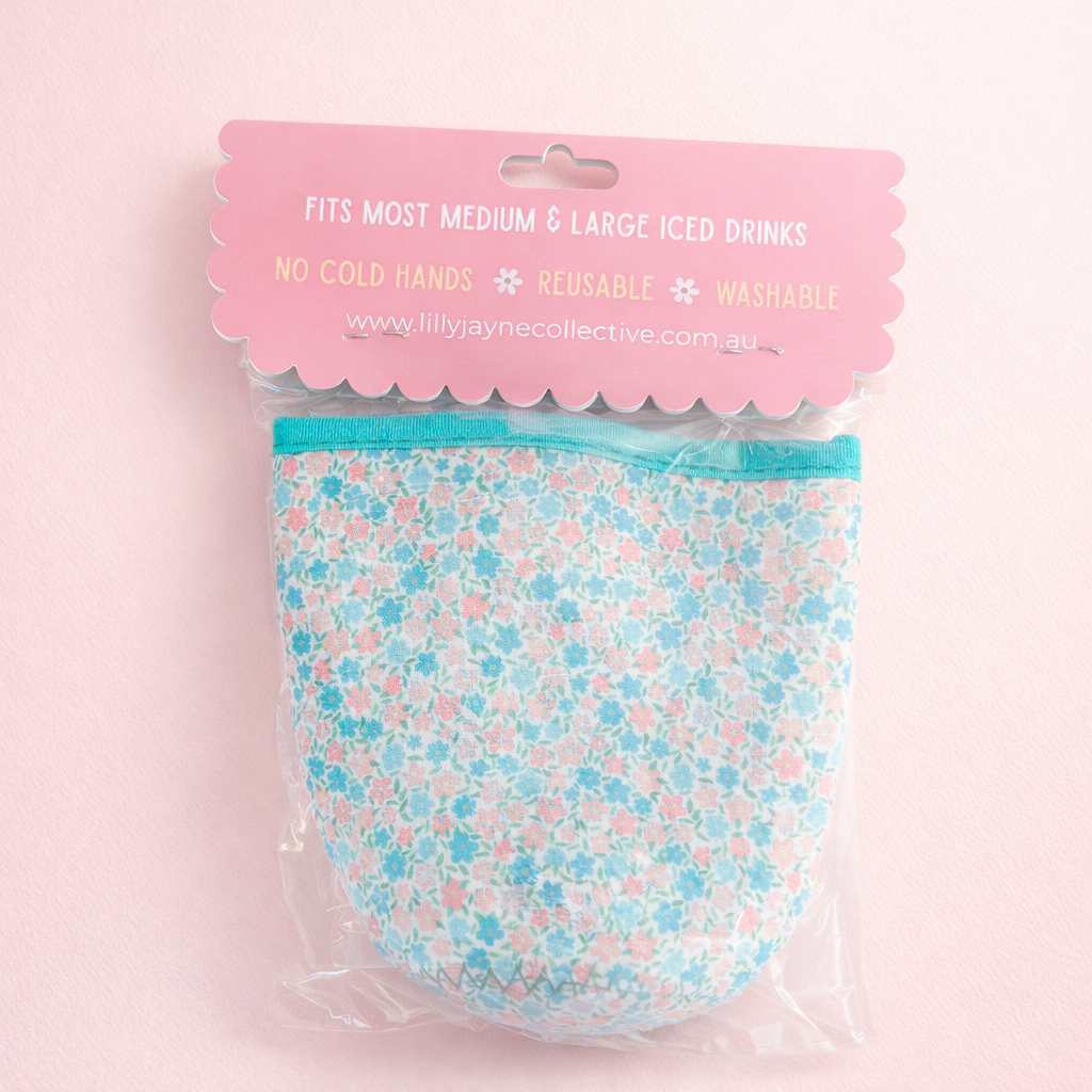Everyday Floral Rayni Cup Cozy – Pink & Teal Floral Reusable Coffee Sleeve (16oz)
