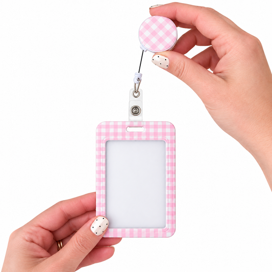 Pink Gingham ID reel badge & ID Holder combo | Healthcare | Educators | Office