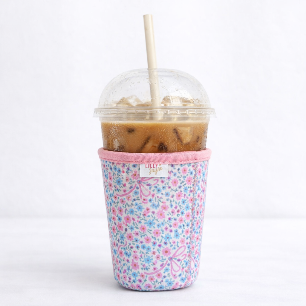 Floral Bow - Rayni Cup Cozy – Pink & Floral Reusable Coffee Sleeve (16oz)