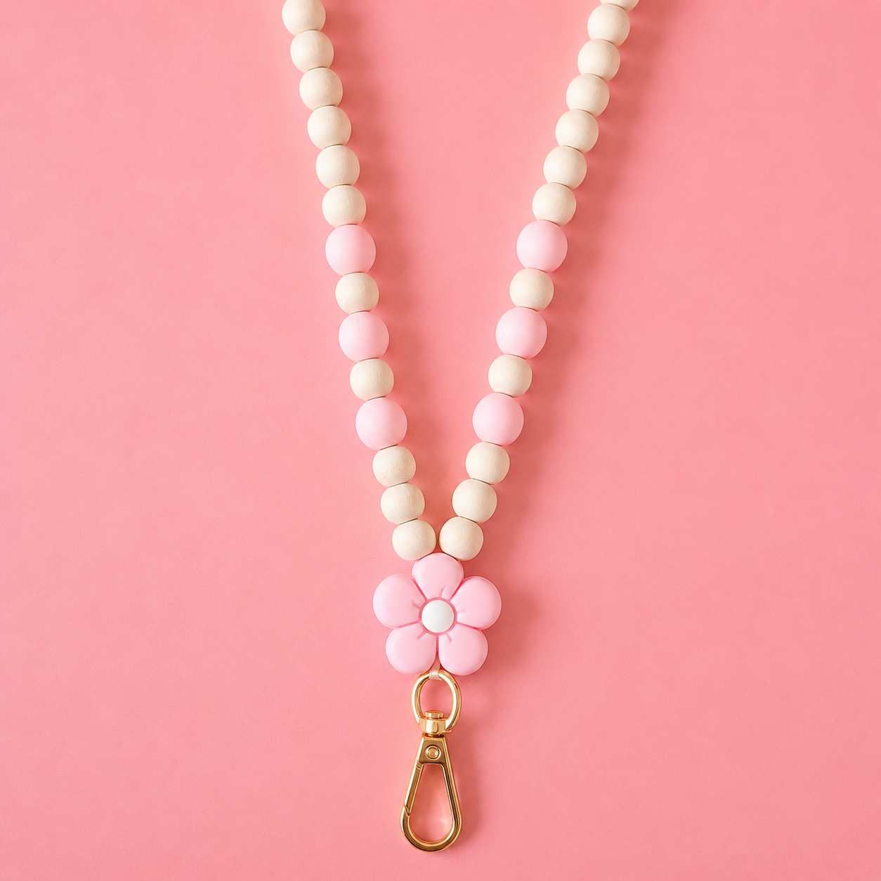 Wooden Bead Lanyard - Pink Flower