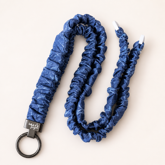 (Cosmetically Imperfect) Navy Fine Line Peonie Flower - Scrunchie Lanyard – Stretchy, Safe & Cute (49cm + Stretch)