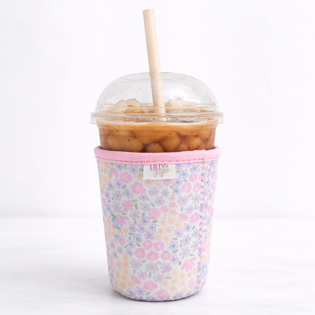 Pastel Garden - Rayni Cup Cozy – Pink & Floral Reusable Coffee Sleeve (16oz)