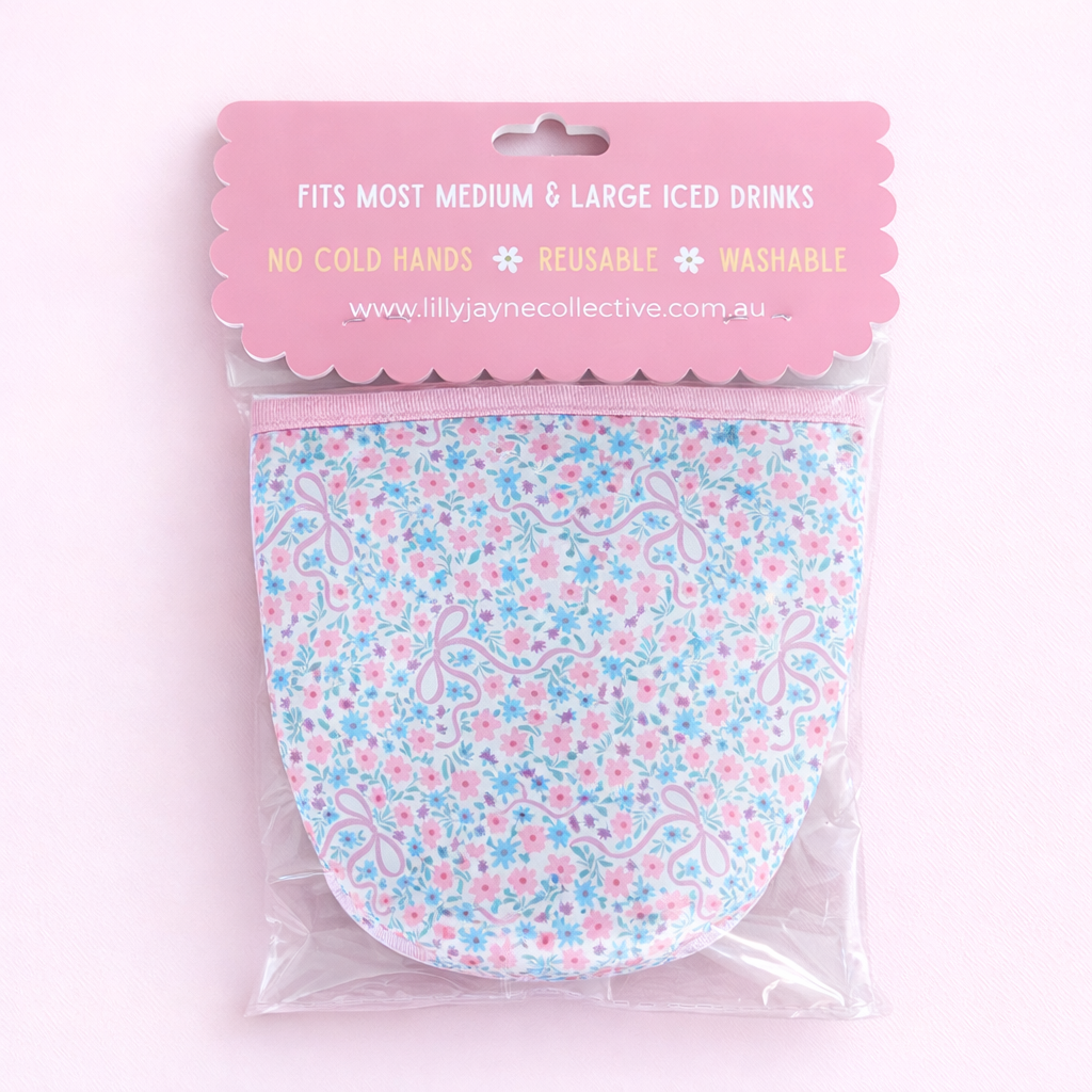 Floral Bow - Rayni Cup Cozy – Pink & Floral Reusable Coffee Sleeve (16oz)