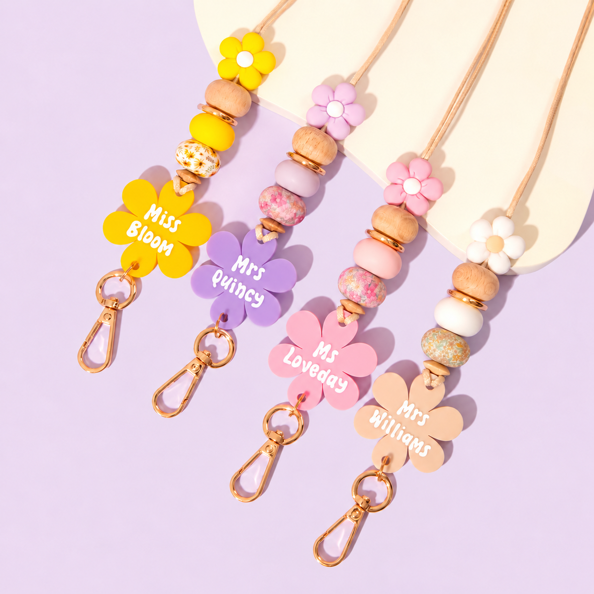 Beige Flower Personalised Lanyard